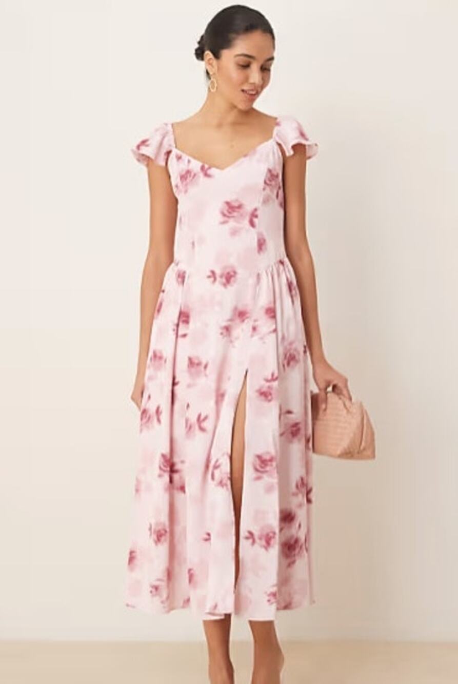 Abercrombie & Fitch Pink Floral Flutter Sleeve Dipped Waist Maxi Dress Size MP
